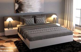 Modern White Bed With Gray Bed Sheet Combined With Black